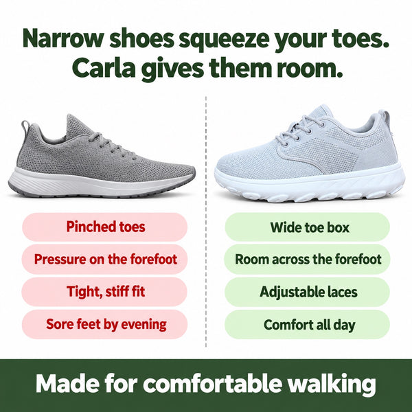 Carla – Women's Wide Toe Box Sneakers compared with a narrow shoe