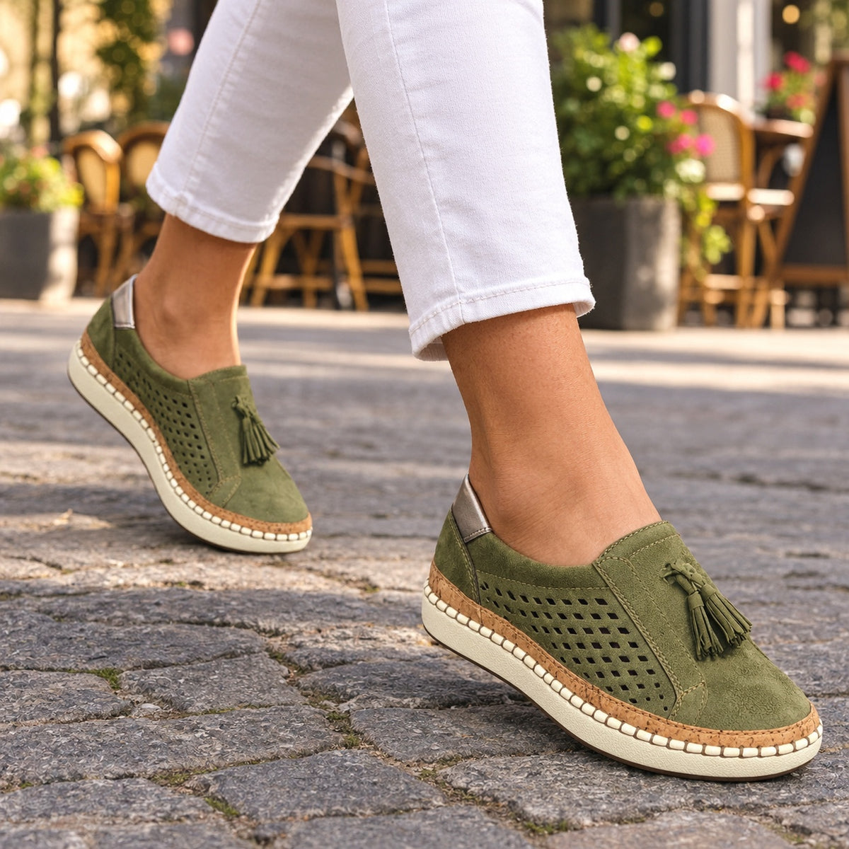 Ember – Unisex Comfort Slippers, worn on a walk