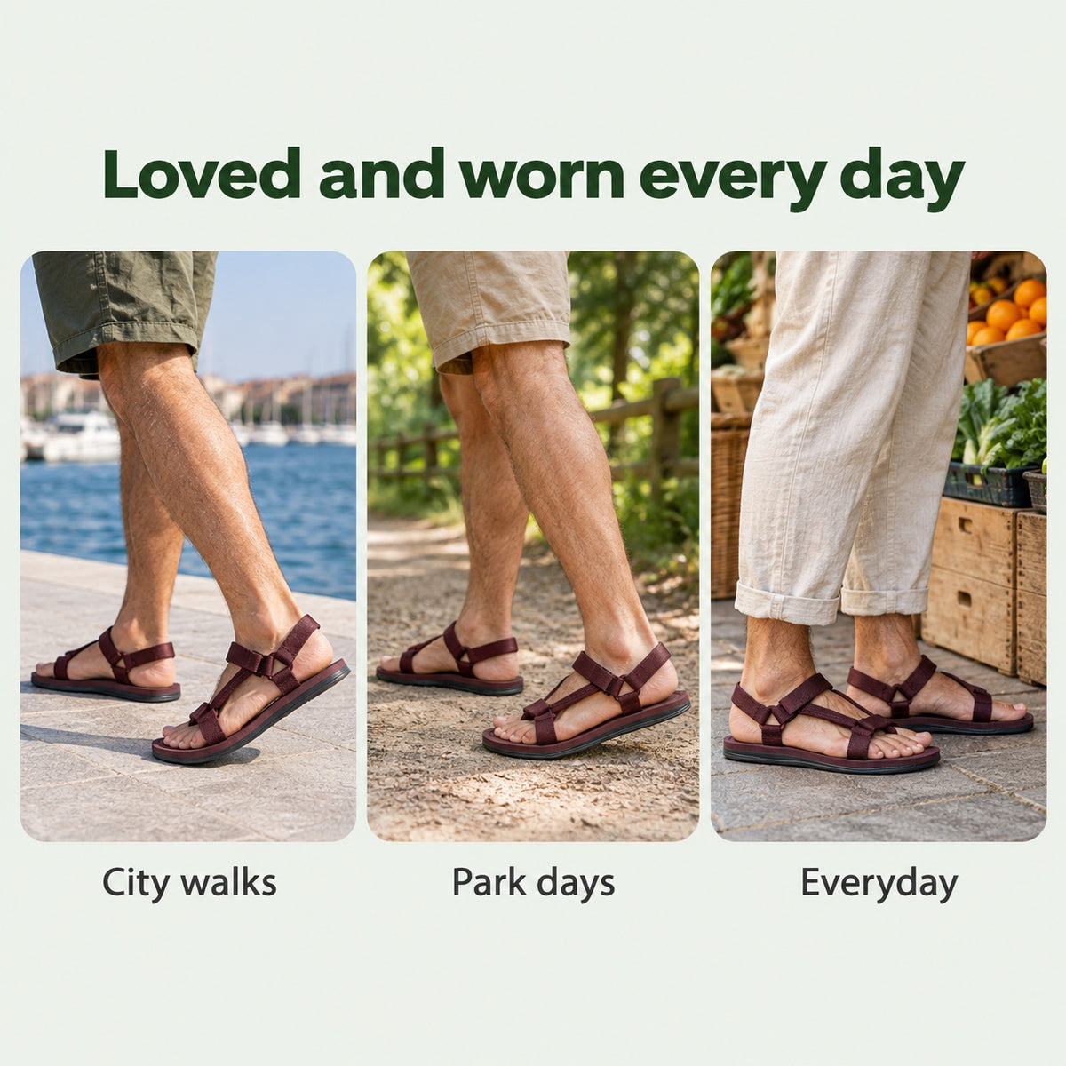 Flora – Unisex Wide Toe Box Sandals, worn every day