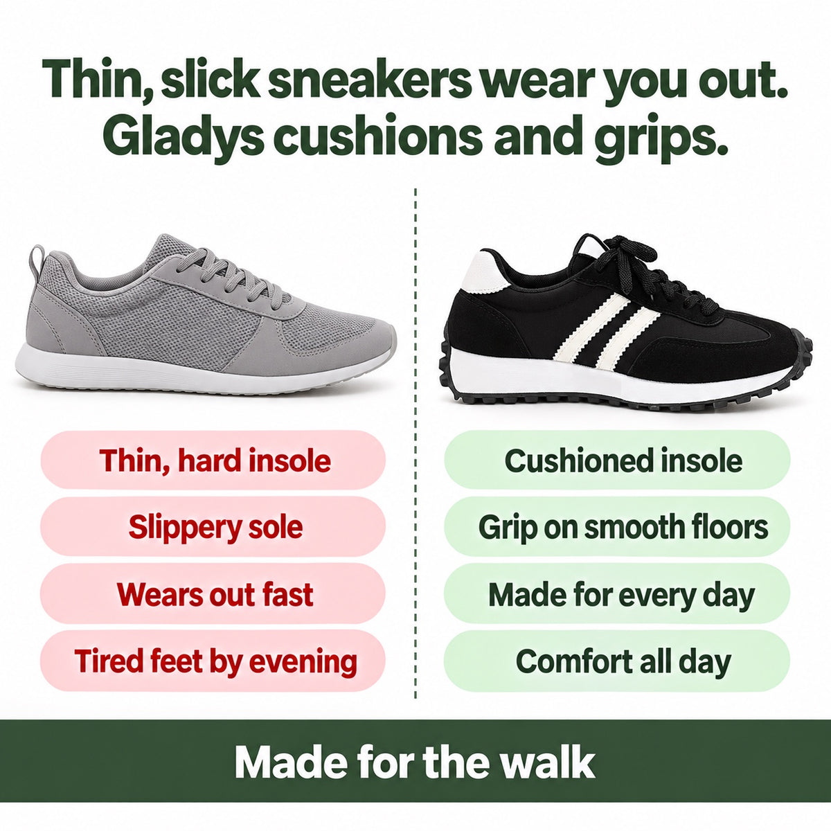Gladys – Women's Walking Sneakers, compared with an ordinary shoe
