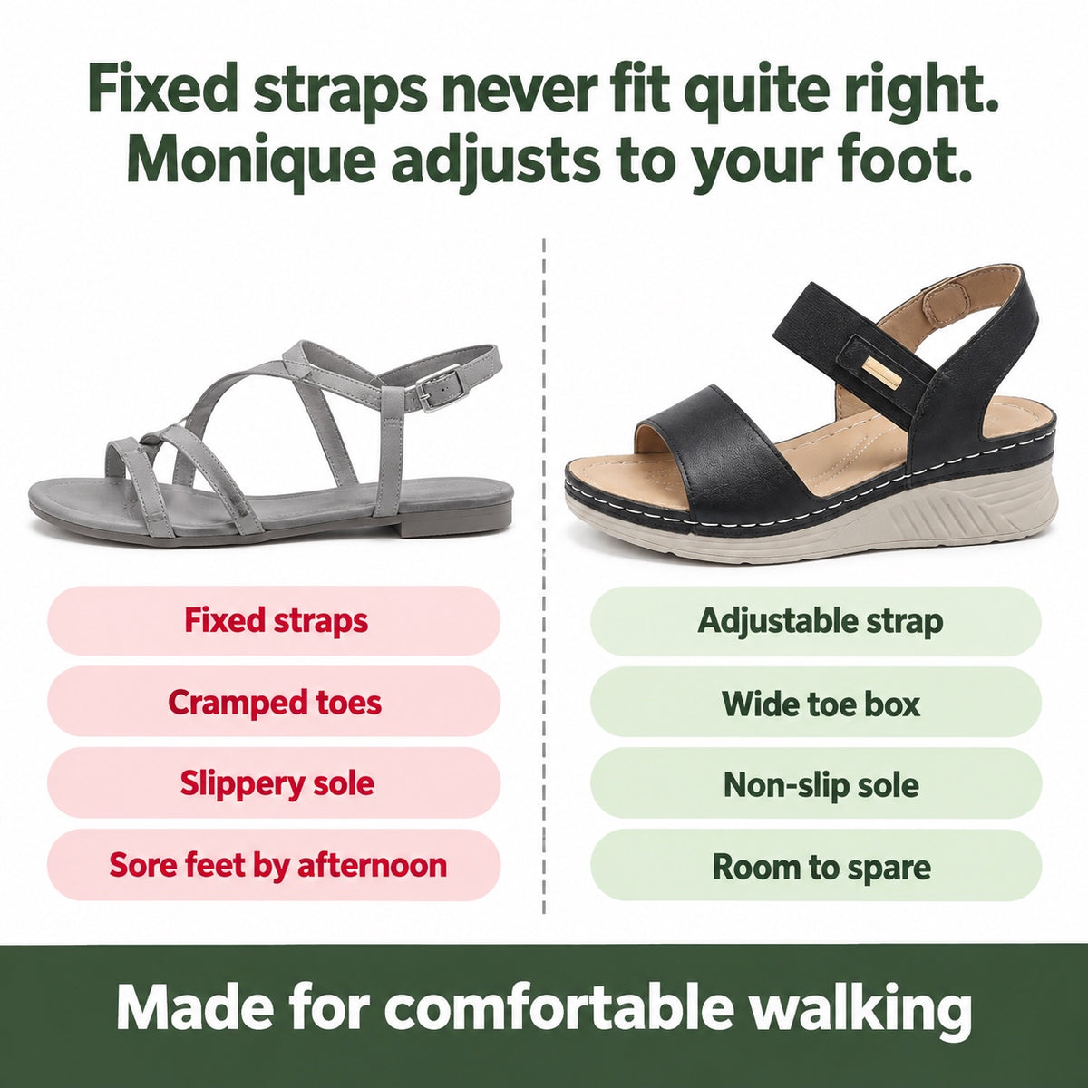Monique – Women's Wide Toe Box Sandals, compared with an ordinary shoe