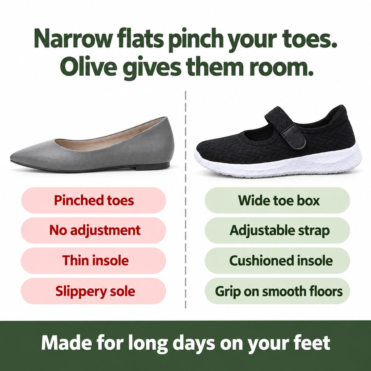 Olive – Women's Nursing Flats, compared with an ordinary shoe