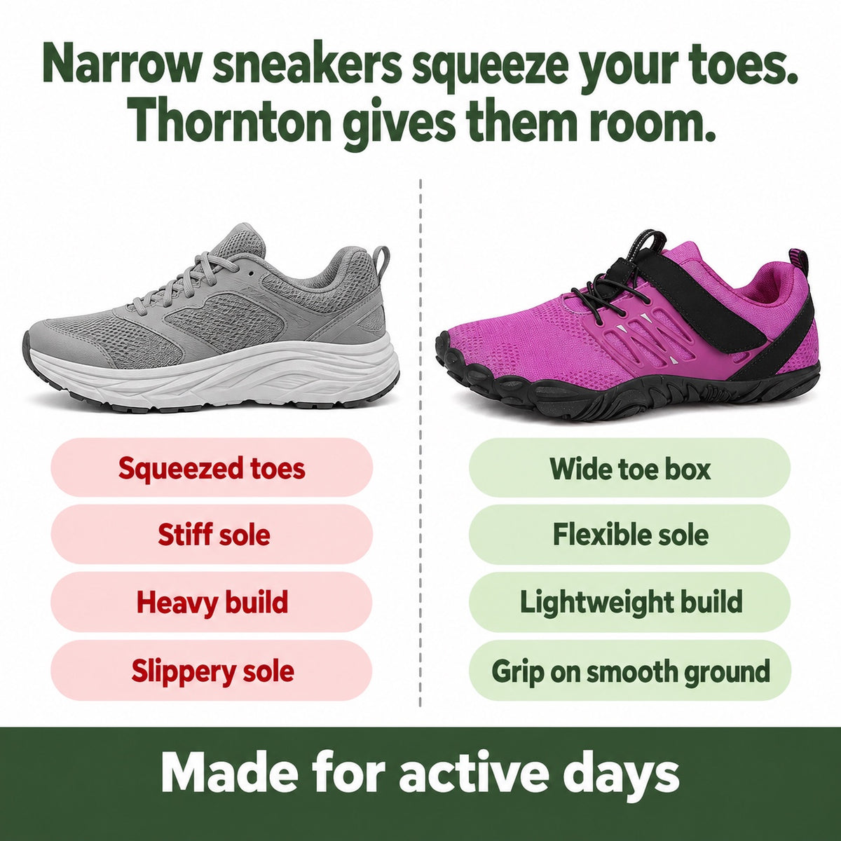 Thornton – Unisex Plantar Fasciitis Shoes, compared with an ordinary shoe