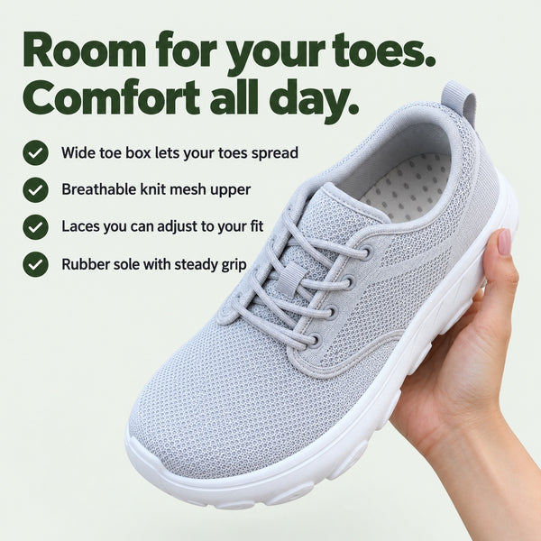 Carla – Women's Wide Toe Box Sneakers: wide toe box, breathable knit mesh, adjustable laces, rubber grip sole