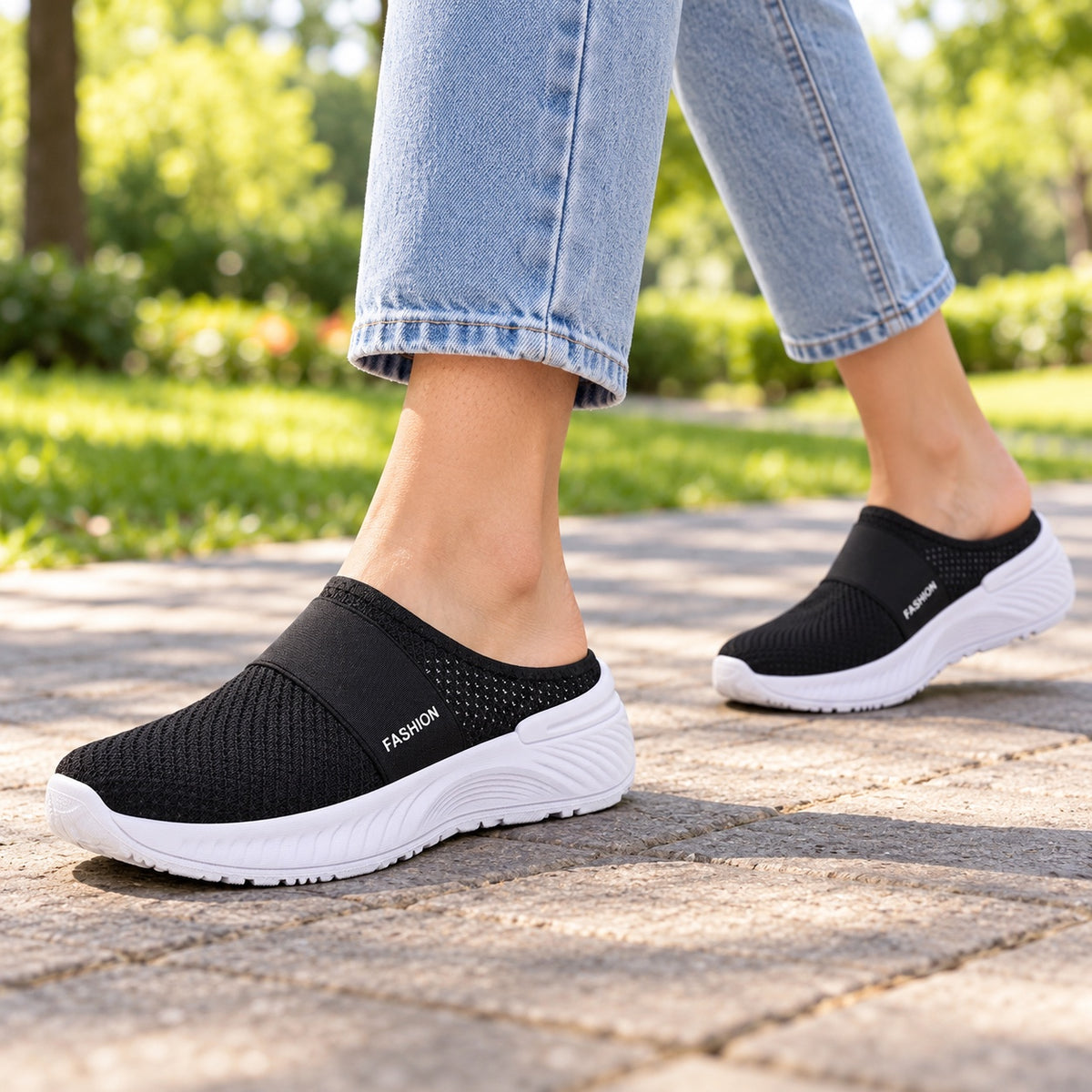 Glen – Women's Backless Mesh Sneakers, worn on a walk