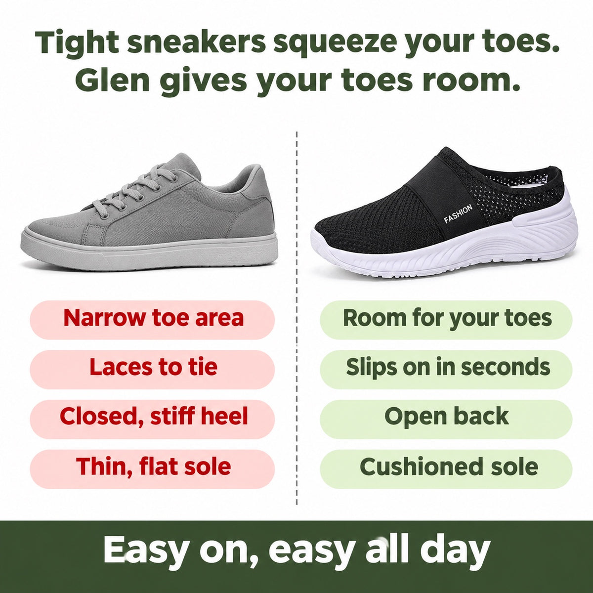 Glen – Women's Backless Mesh Sneakers, compared with an ordinary shoe