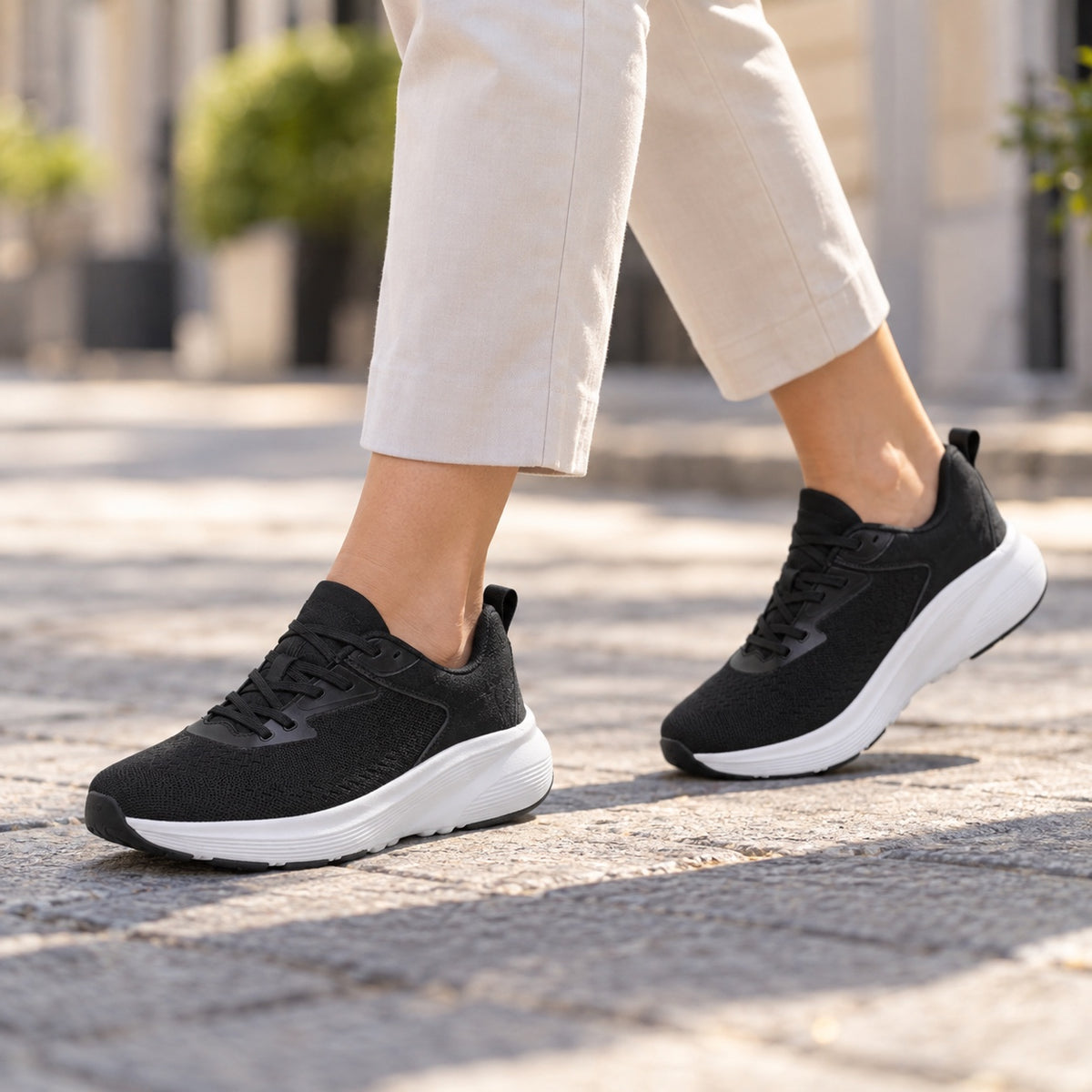Gray – Unisex Wide Toe Box Sneakers, worn on a walk