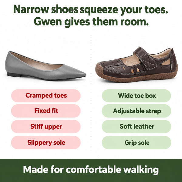 Gwen – Women's Wide Toe Box Sandals, compared with an ordinary shoe