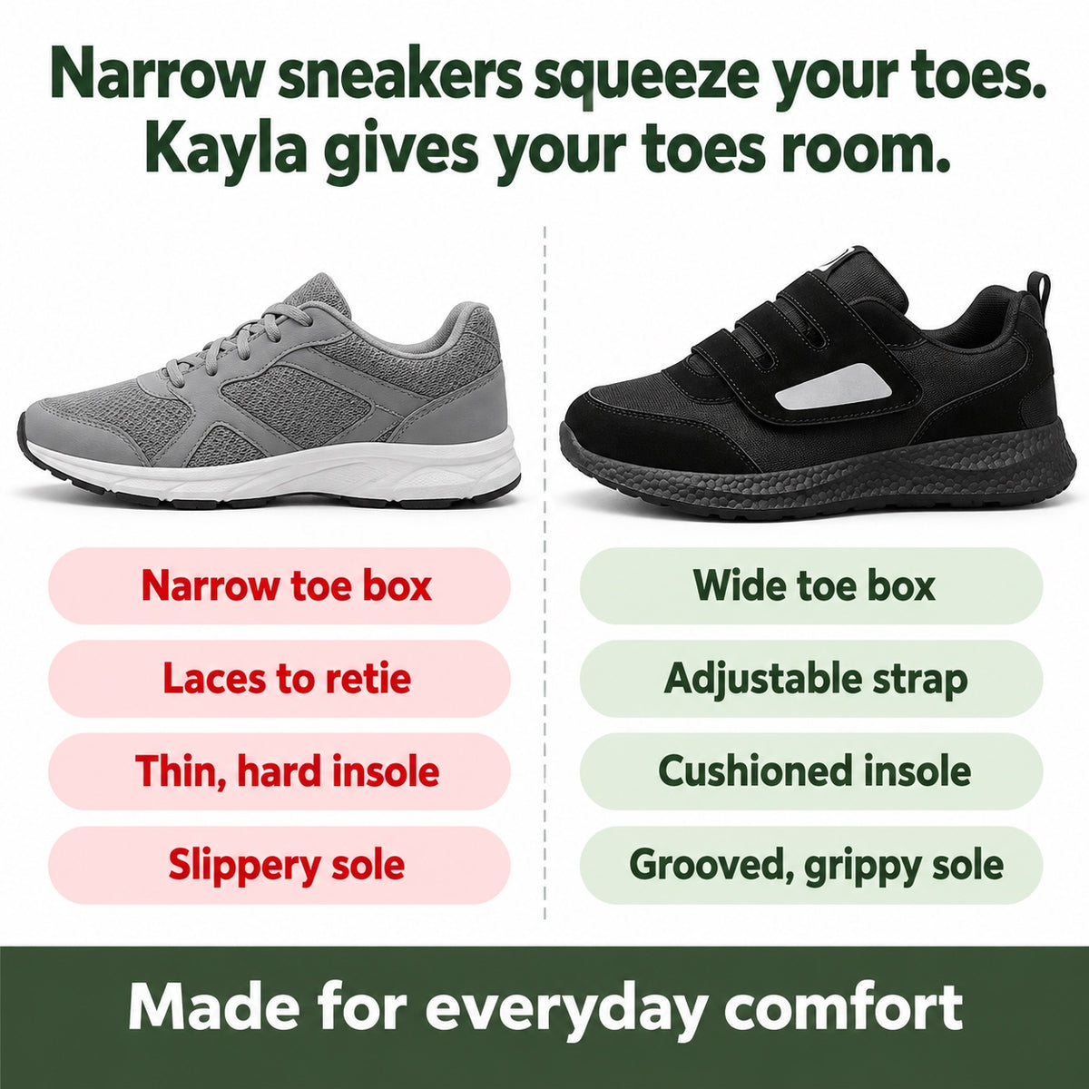 Kayla – Women's Wide Toe Box Sneakers, compared with an ordinary shoe