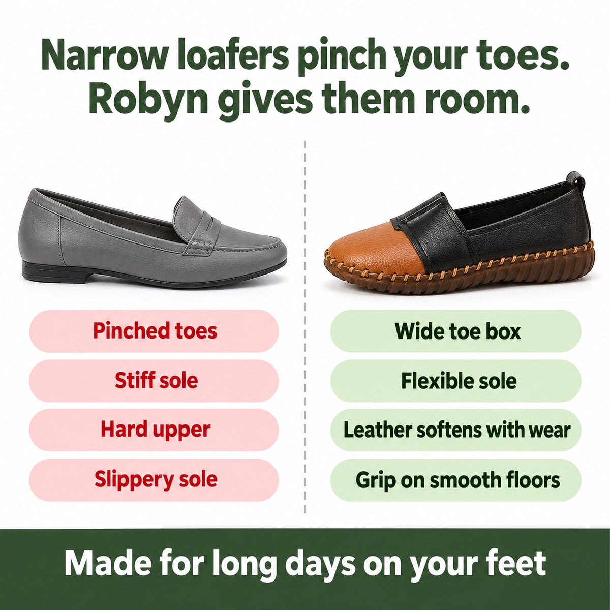 Robyn – Women's Nursing Loafers, compared with an ordinary shoe