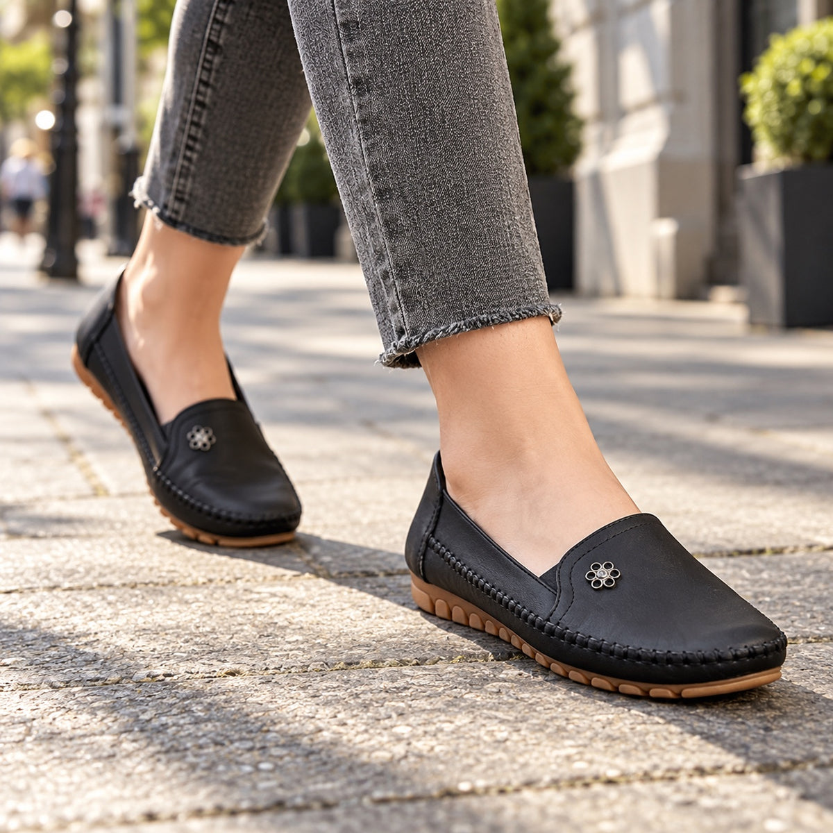 White – Women's Slip-On Loafers, worn on a walk